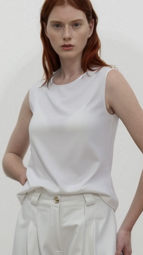 Mujer vistiendo Top punto sin mangas color ecru.